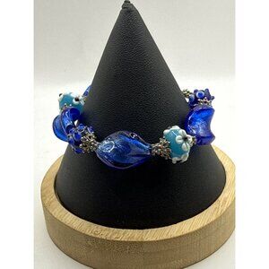 Lampwork Glass Beaded Stretch Bracelet Cobalt Blue Silver Floral Statement